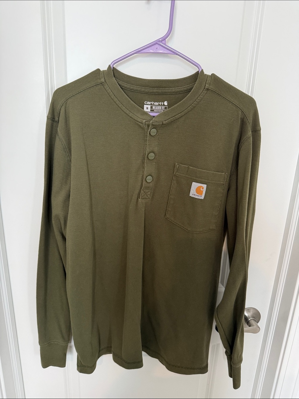 Carhartt Olive Green Long Sleeve Henley with Chest Pocket